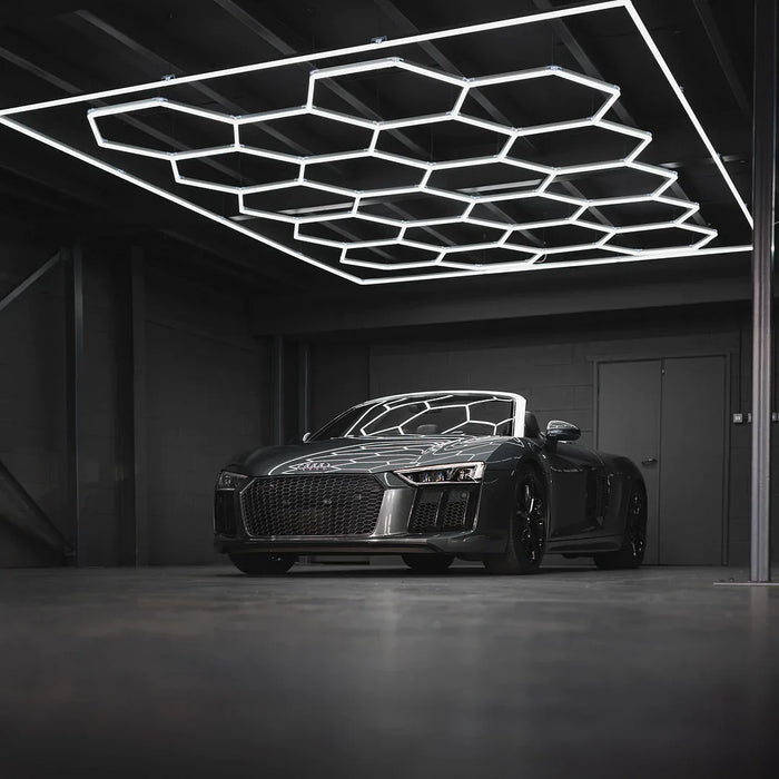 HEXA hexagon LED lighting configurations showing various modular layout options for Australian garages and workshops