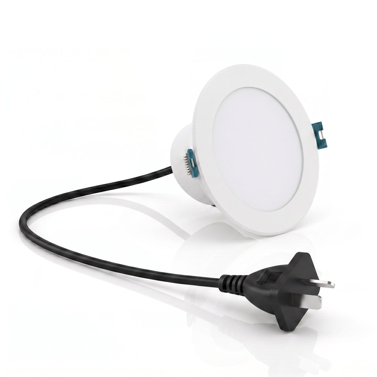 HEXA Apollo 8W LED downlight showing the cable exiting the rear of the fitting and finishing at an Australian three pin plug, with no external driver