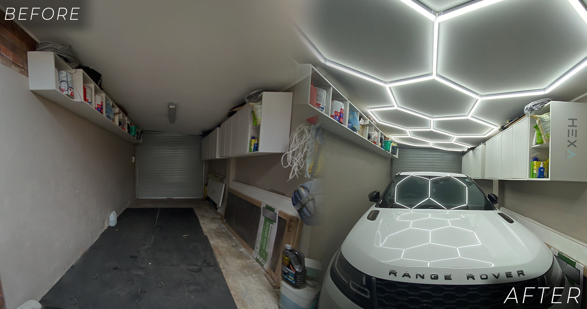 Before and after comparison of a garage fitted with HEXA hexagon LED lighting - dramatic transformation