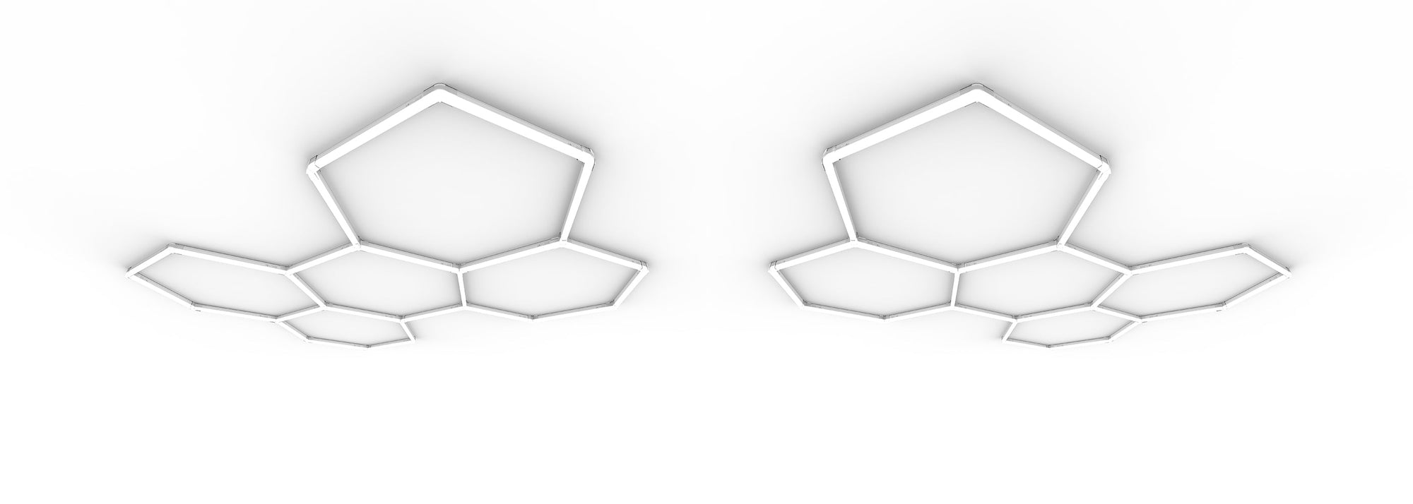 HEXA Duo and 5-Grid hexagon LED product systems side by side showing scale and cluster options