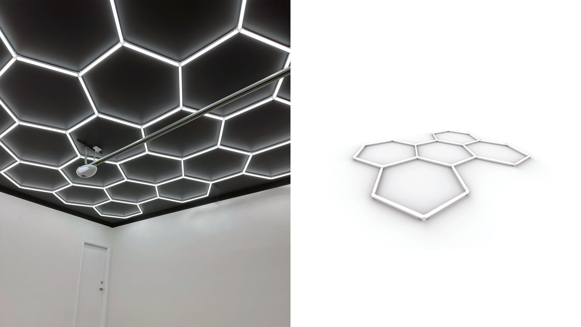 HEXA hexagon LED lighting installed across a full garage ceiling showing long-term installation quality