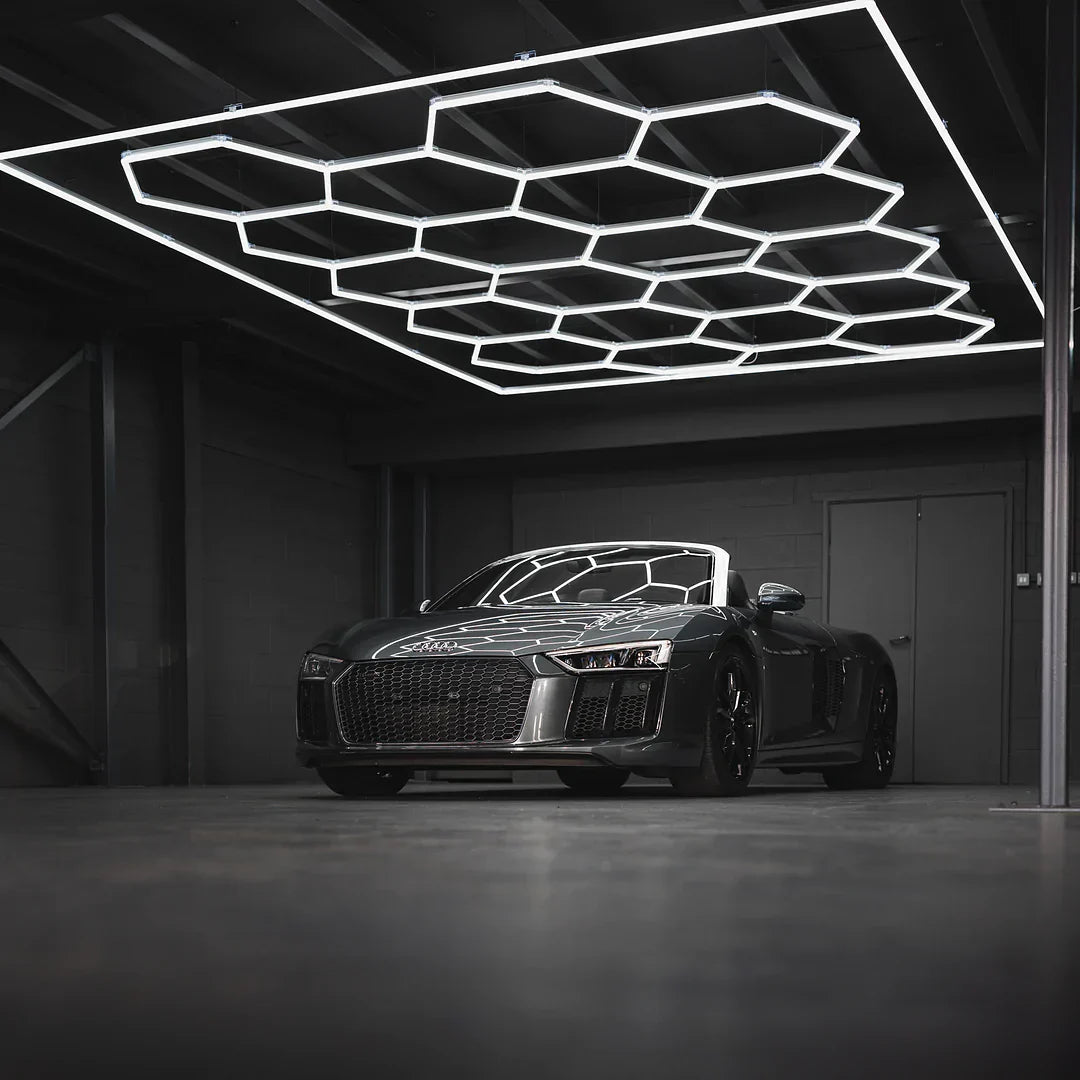 HEXA hexagon LED lighting configurations showing various modular layout options for Australian garages and workshops