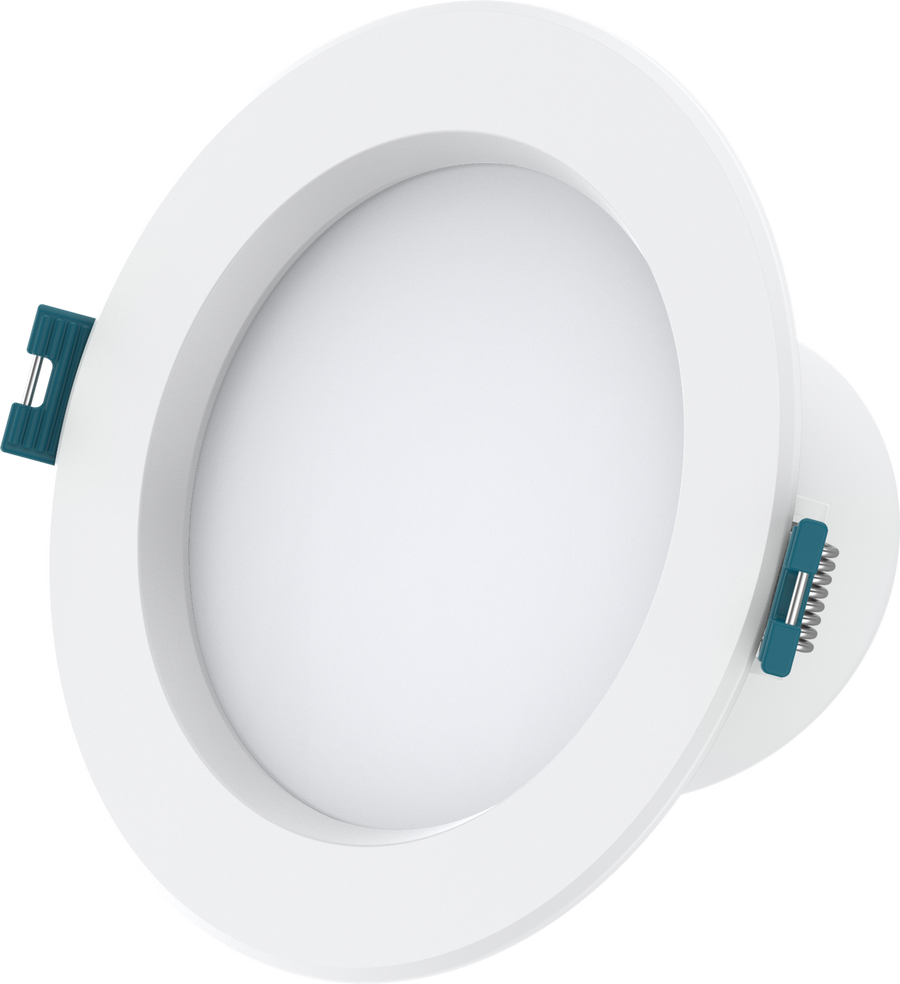 HEXA Athena 8W LED downlight, angled view showing the trim and spring clips