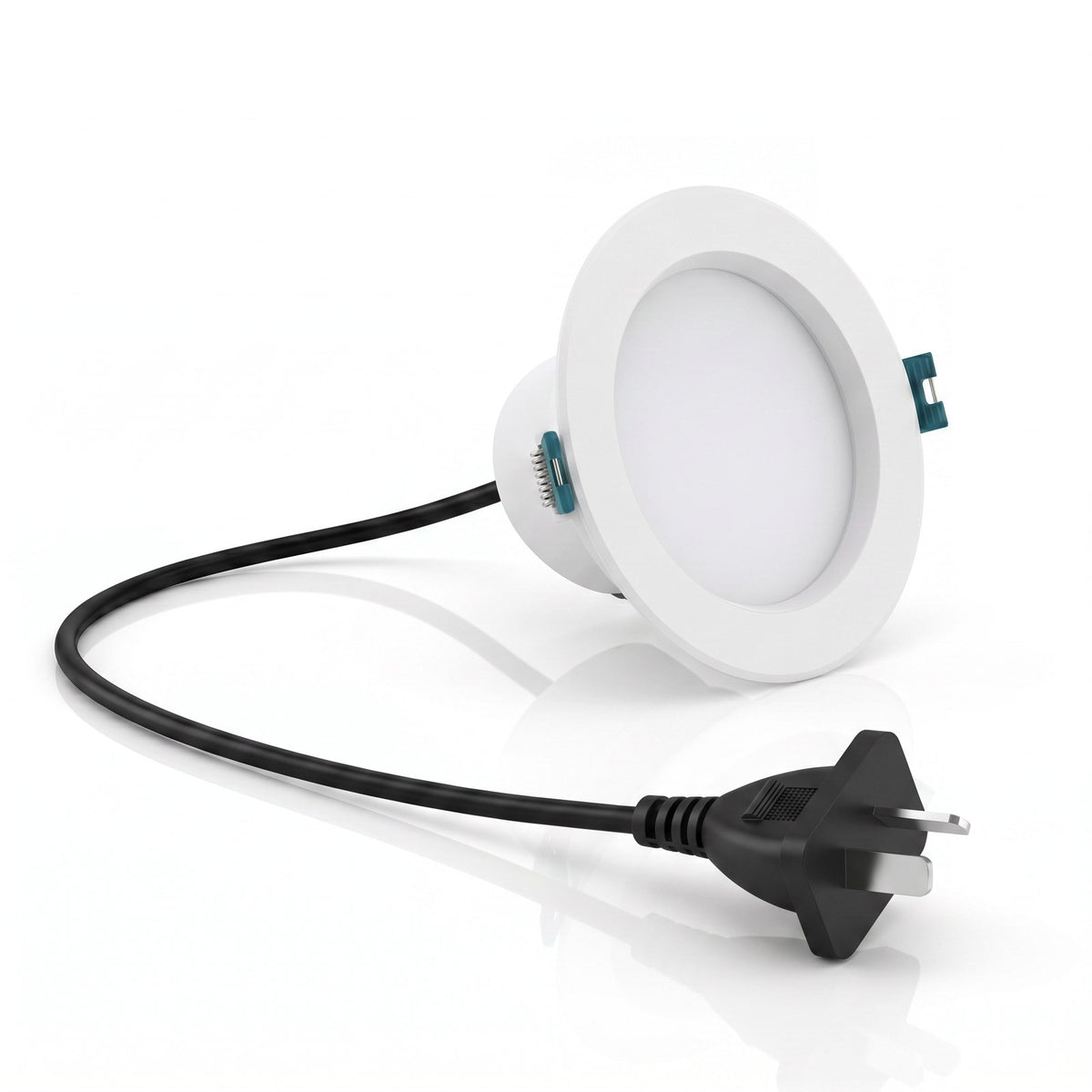 HEXA Athena 8W LED downlight showing the cable exiting the rear of the fitting and finishing at an Australian three pin plug, with no external driver