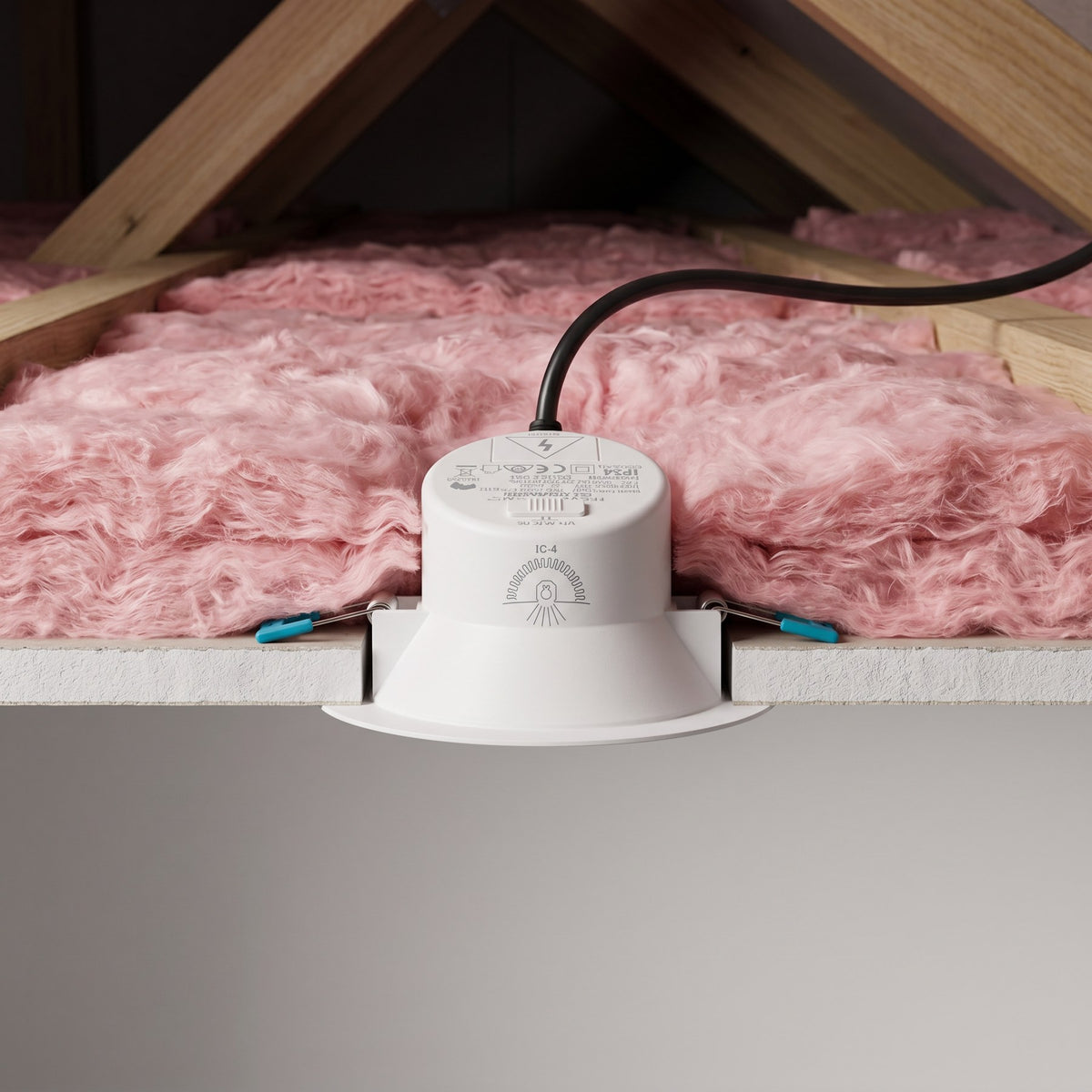 HEXA IC-4 rated LED downlight recessed into a ceiling with pink insulation batts packed around the fitting and the cable exiting the rear