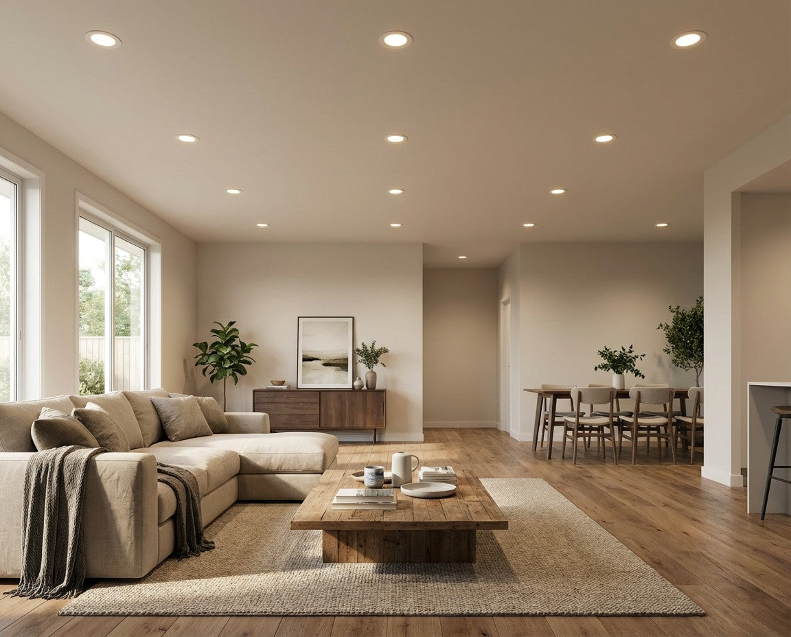 Open plan living room lit by HEXA LED downlights